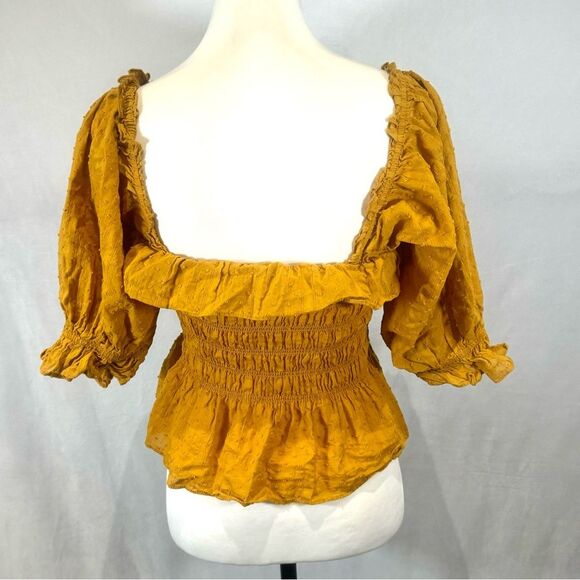 Indigo rising 100% cotton mustard yellow clip dot smocked peplum top size large - Picture 3 of 6